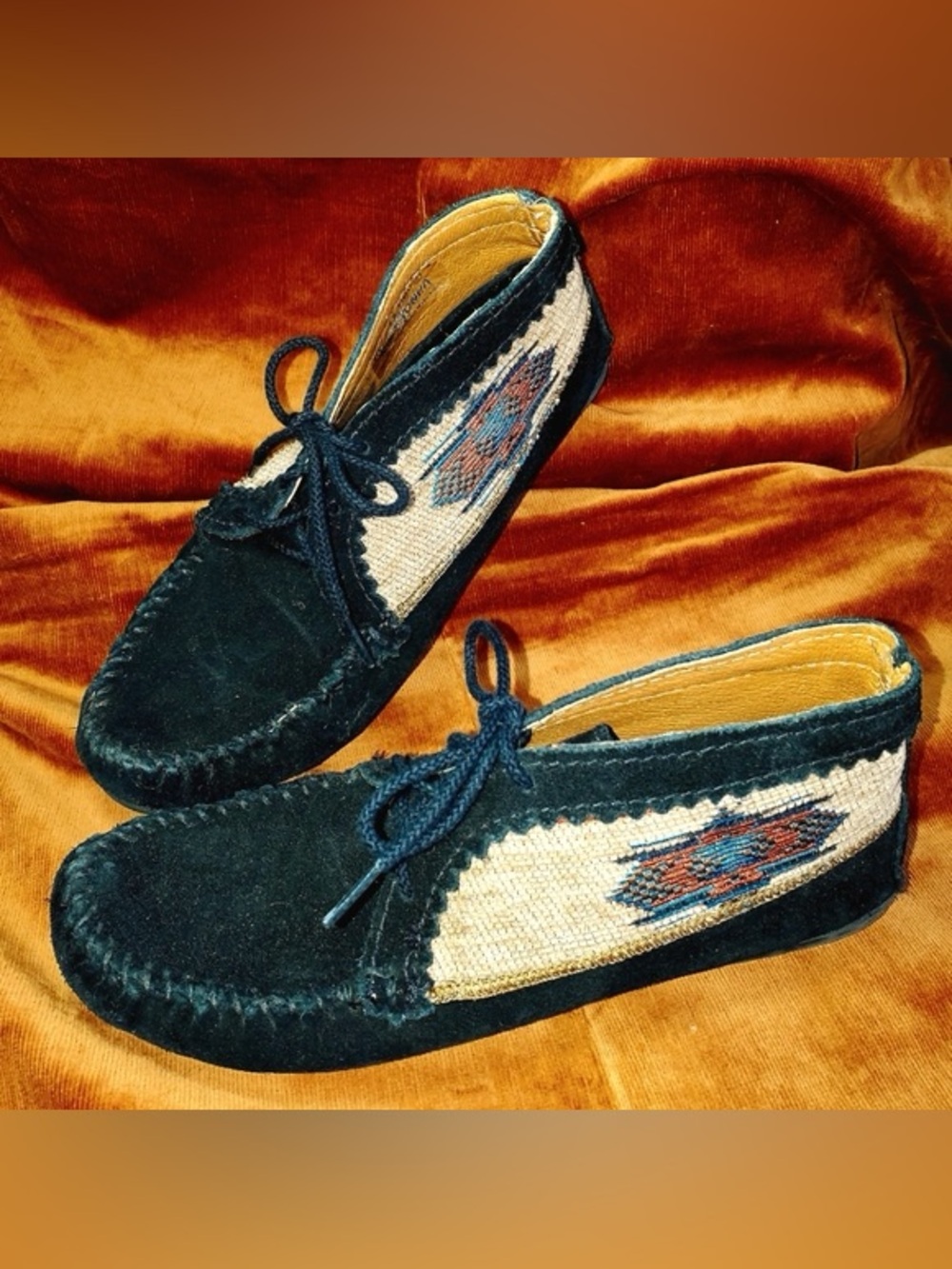 Minnetonka Black Suede Moccasin with Woven Side Panel